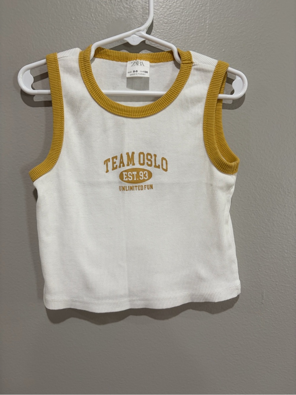 Zara Kids White Tank Top Crop Top with Mustard Trim - Team Oslo Graphic
